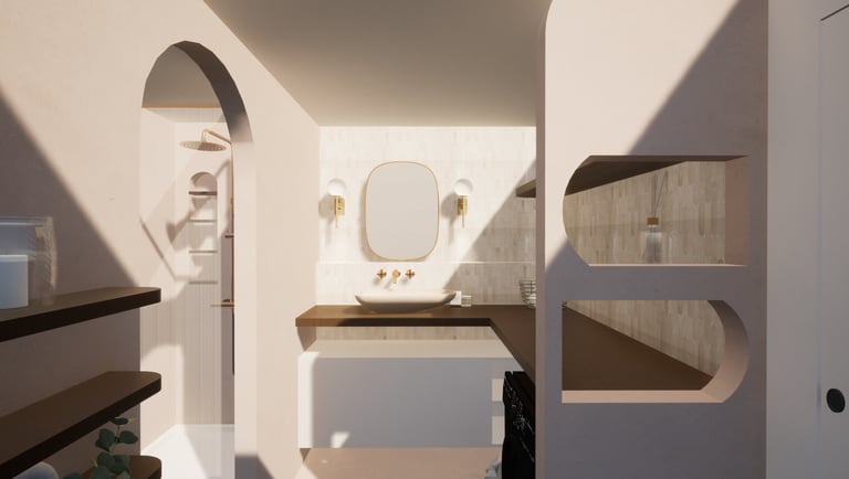 Salle de bain après transformation dans les tons de beige avec cloisons arrondies et du bois foncé