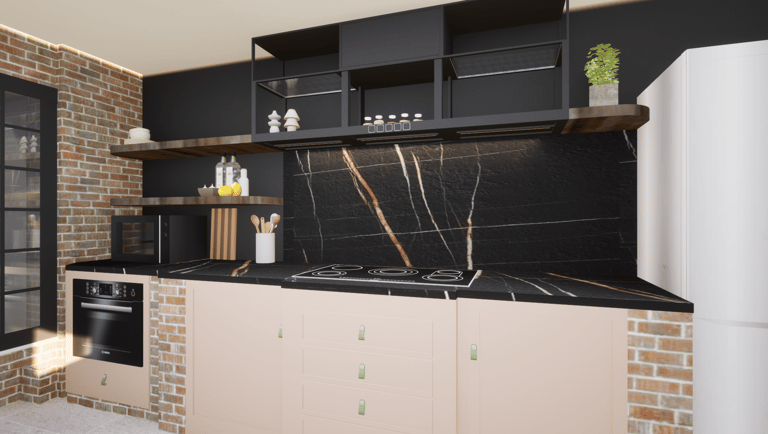 Rénovation et transformation de l'espace cuisine en le modernisant, plan de travail marbre noir