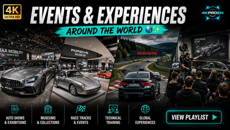 4K automotive events, international car shows, museums, Nürburgring driving experiences, technical t
