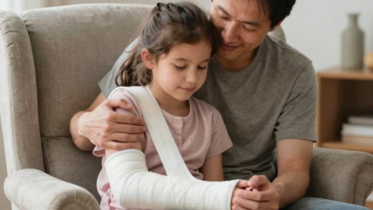 Padre abrazando a su hija que tiene un brazo enyesado