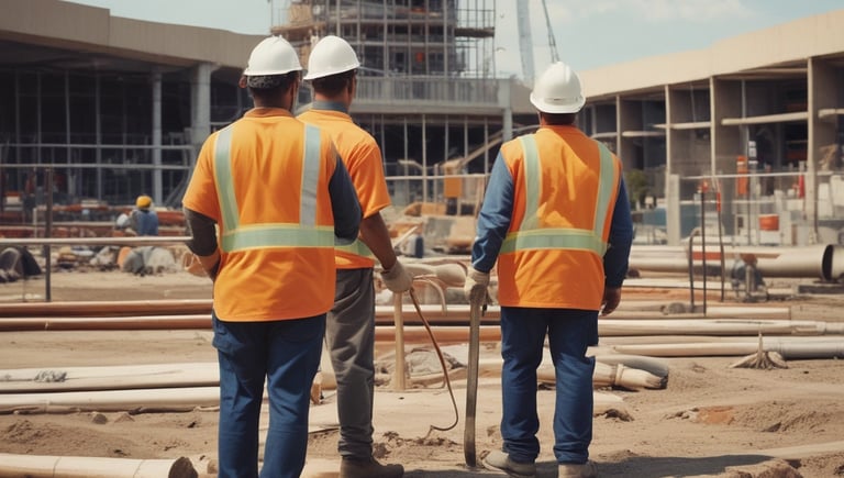 Team of skilled workers installing ventilation ducts inside a modern building.
