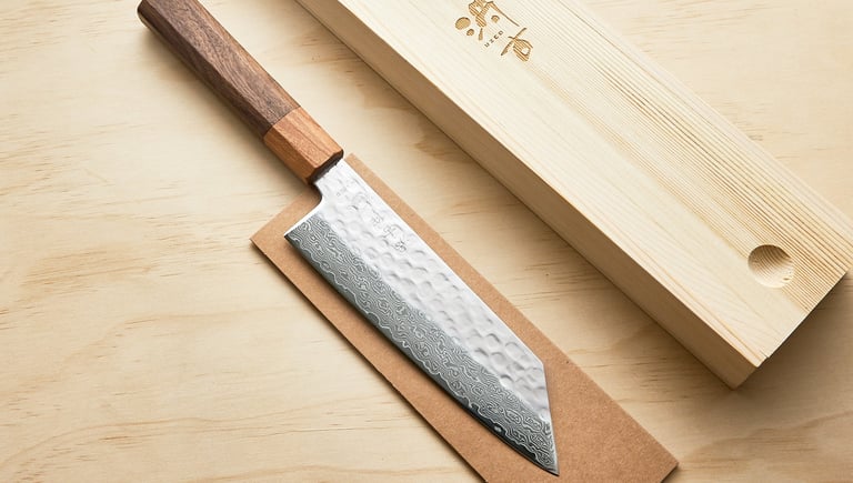 W A L N U T   E D I T I O N by UZCO - japanese damascus knives with hammered tsuchime walnut cherry