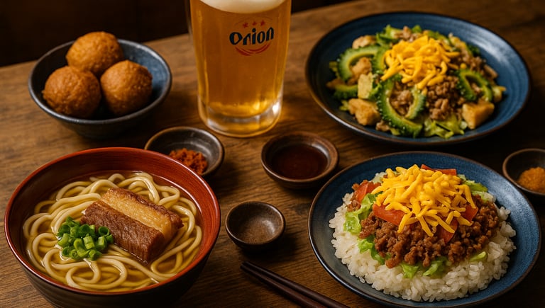 Traditional Okinawan dishes with soba, taco rice, goya champuru, sata andagi, and Orion beer on a wooden table.