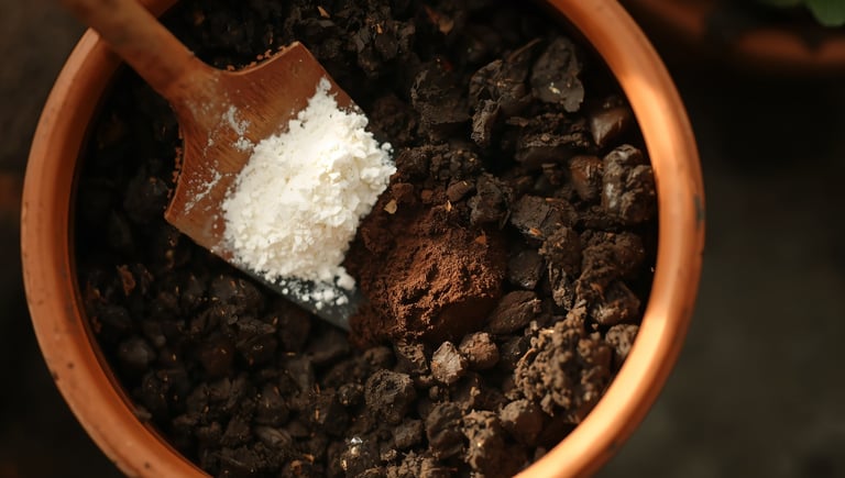 Adicionando fertilizante de farinha de ossos branca e borra de café ao substrato em um vaso de terra