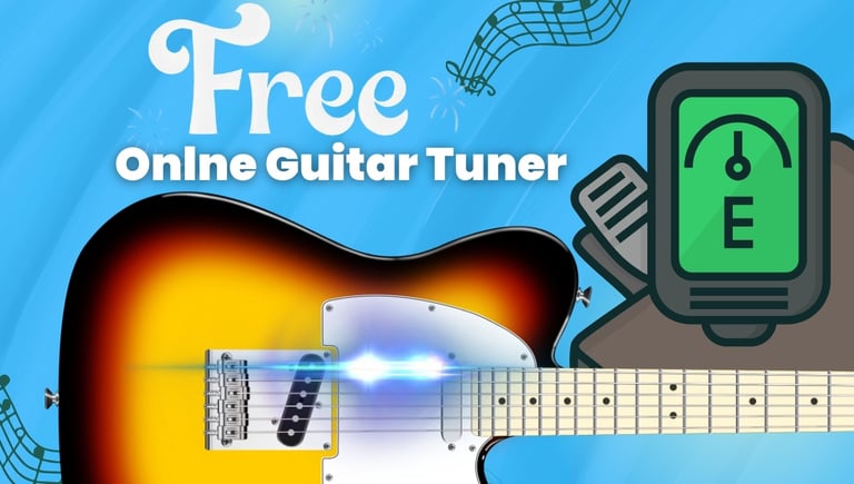 Graphic for a free online guitar tuner featuring an electric guitar and digital tuning display.