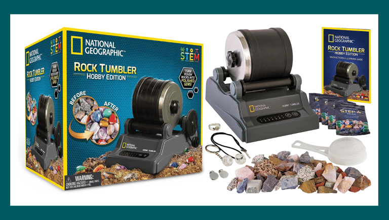 Rough gemstones and four polishing grits are included in the NATIONAL GEOGRAPHIC Rock Tumbler Kit - 