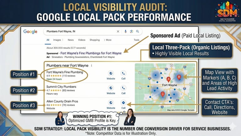 Google Local Pack results for Fort Wayne service business search showing the three-pack positions.
