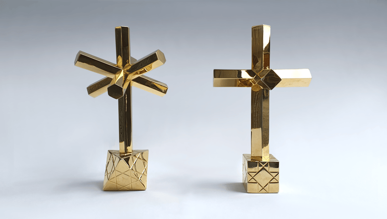 In Hoc Signo, the gilded, geometric bronze sculptures by Byrga Geniht