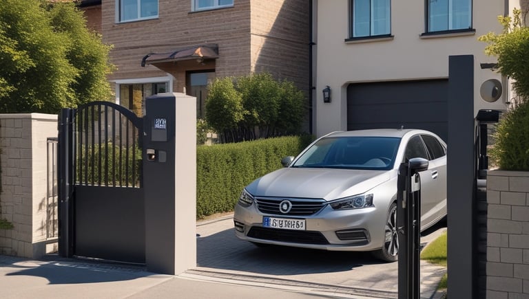 a car parked in front of a house and swing gate with comunello abacus gate motor