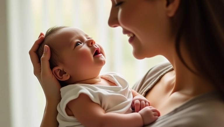 Recém-nascido no colo da mãe olhando para seu rosto com atenção e vínculo visual