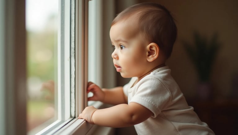 Bebê de 10 a 12 meses em pé, apoiado em uma janela de vidro, com expressão atenta e corpo inclinado