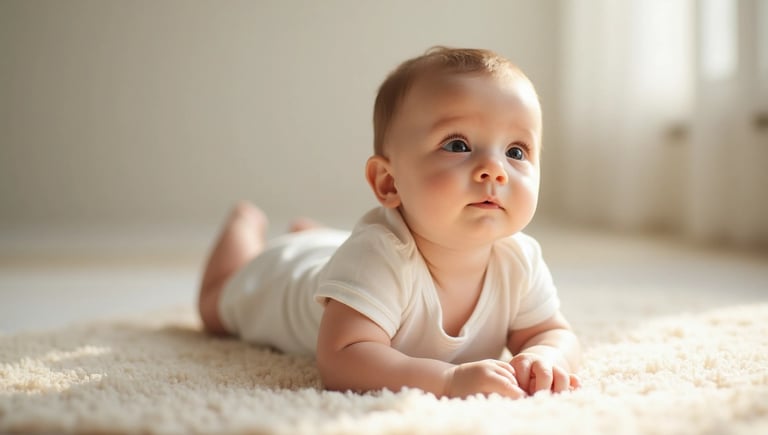 Bebê de 4 a 6 meses de bruços, erguendo o tronco com olhar curioso