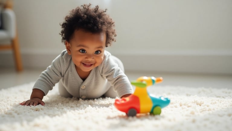 Bebê de 7 a 9 meses engatinhando e olhando para brinquedo com foco visual