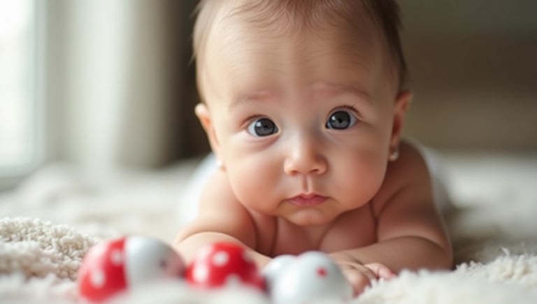 Olhar atento de bebê de 2 a 3 meses fixado em objeto próximo