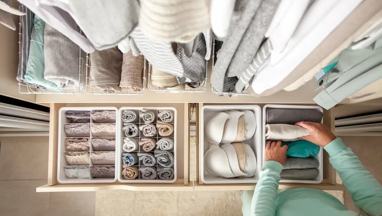 Organized dresser drawer with folded clothes and bras using white storage dividers for home organization.