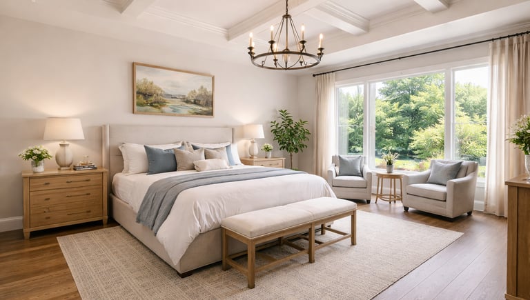 Master bedroom in Texas real estate property. Tranquilidad y patrimonio inmobiliario con Yasmin Real