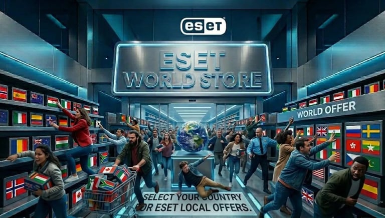 ESET World Store Grand Opening: crowded store with people scrambling for antivirus and VPN deals on flag-lit shelves.