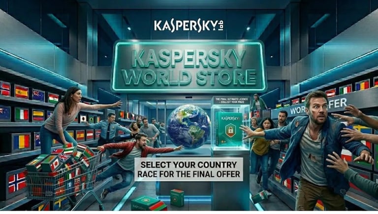 Kaspersky World Store: customers racing for the final antivirus license during a frantic digital treasure hunt.
