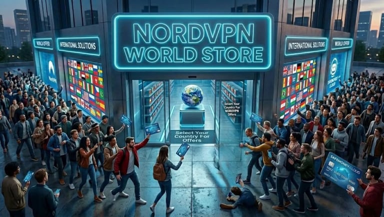 Crowd fighting outside NordVPN store to buy deals, waving a safemoney.cloud credit card in the frantic queue.