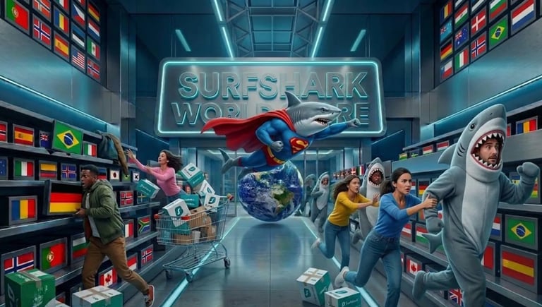 Customers in shark costumes rushing through the futuristic Surfshark store aisles to find the best VPN deals and offers.