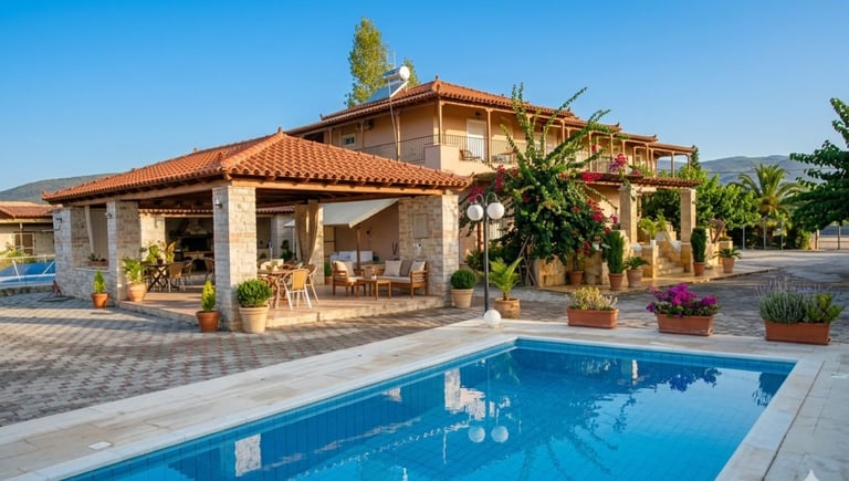 Mediterranean villa with swimming pool and a covered outdoor patio area.