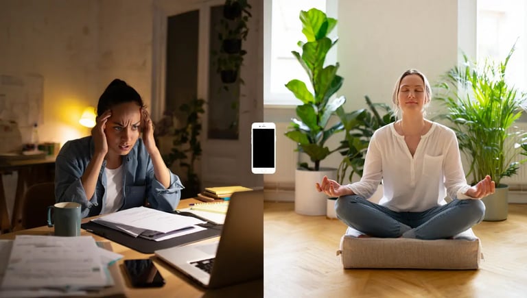2 images en une. une vue une femme qui réflechie et une autre a cotè qui prend le temps d'une relaxation