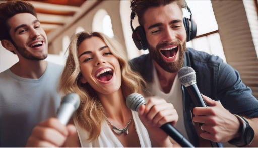 a group of people singing and singing into microphones collaboration