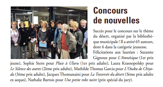 Article de journal, concours de nouvelles, prix, Sophie Stern, nouvelliste, Gif-sur-Yvette