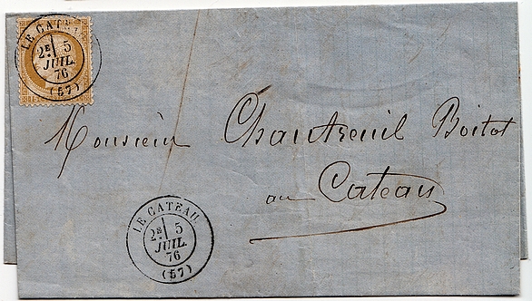 Letter up to 15 g franked at 15 c from and to LE CATEAU (rates of 01/01/1876).
