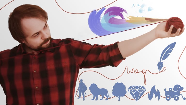 Alexander Androsov holding yarn with metaphor icons – Thumbnail for Writing Masterclass on Udemy.