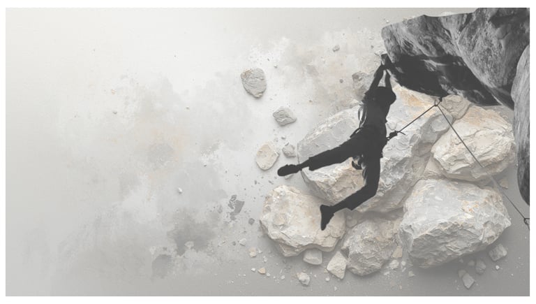 Silhouette of a rock climber scaling a steep cliff against a minimalist grey background.