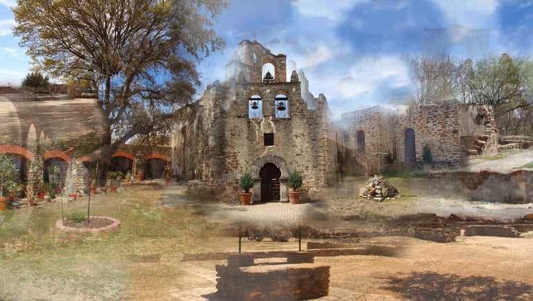 digital photo montage print, collage photography, travel enthusiast, Mission Concepcion, San Antonio, architecture, church