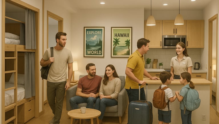 Modern cheap hostel with bunk beds and private rooms for backpackers and families.