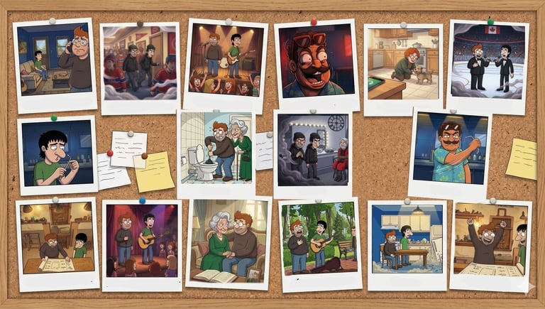 A cork bulletin board featuring a collection of cartoon polaroid photos showing various life moments and memories.