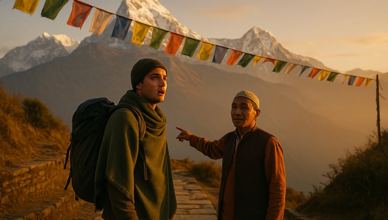 A beginner trekker stares at the Annapurna mountains for the first time, awe and nerves mixing under