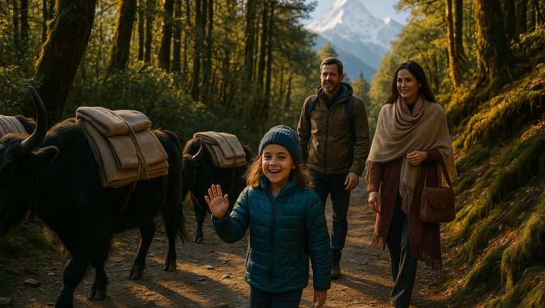 Young girl leads a family hike near Poon Hill, waving at yaks.