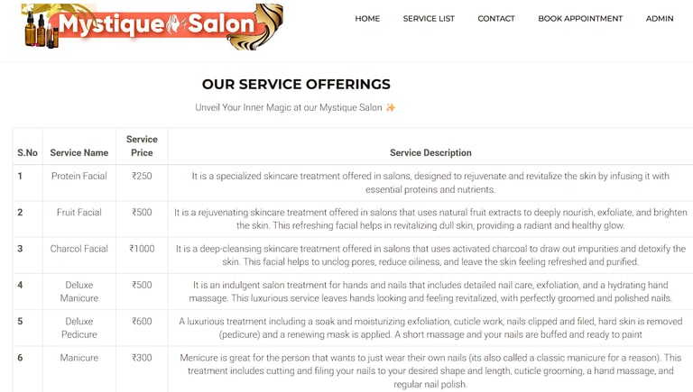 Online Salon Booking System - Our Offerings page