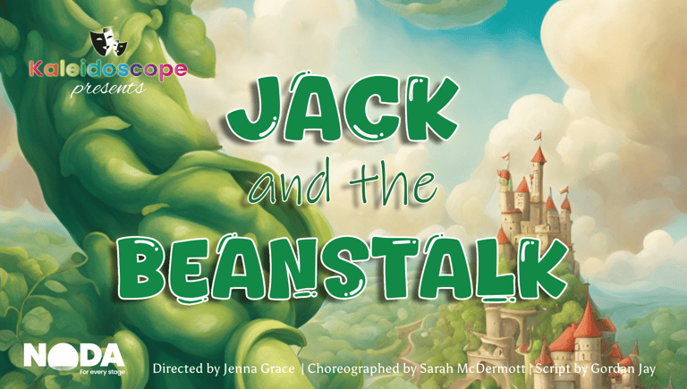 Jack and the Beanstalk wording with a beanstalk and castle background