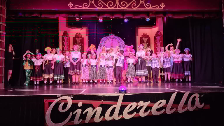 Photo of the cast of Cinderella on the stage at Theatr Colwyn