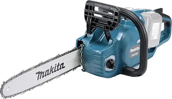Makita cordless chainsaw with battery pack and sharp chain bar for landscaping and woodworking.