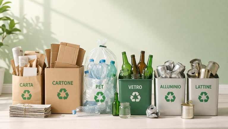 Contenitori per raccolta differenziata domestica con carta, cartone, plastica PET, vetro e lattine disposti in modo ordinato