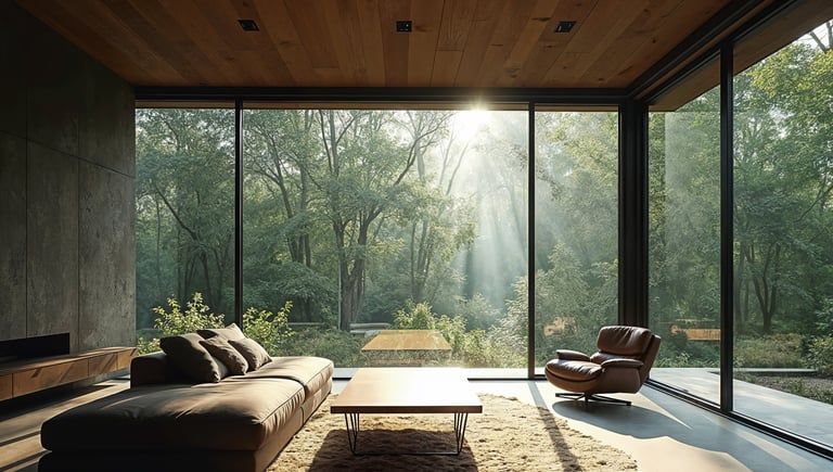 salon moderne avec grande baie vitrée