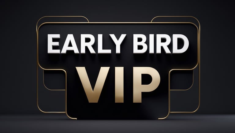 “Black and gold VIP badge promoting Early Bird ticket access for the Interview Like a CEO™ Bootcamp.