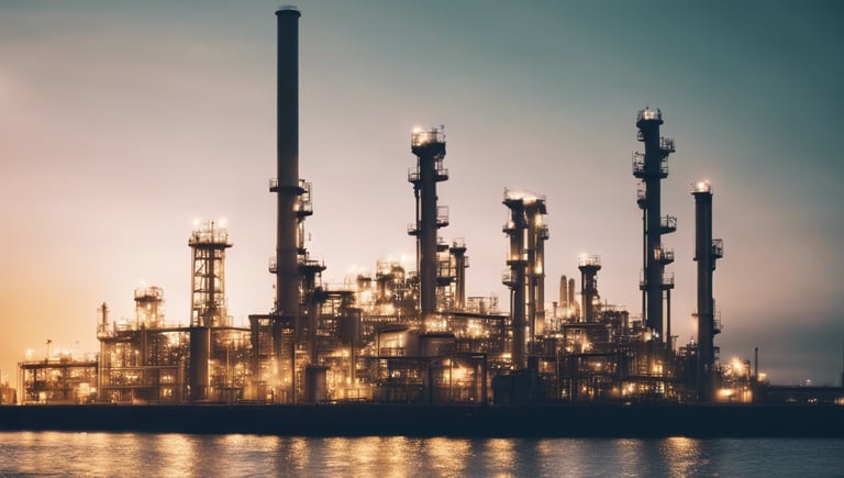 a large industrial area with a body of water in front of it