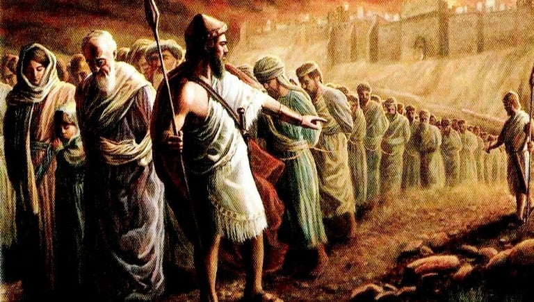 imagem mostra uma fila de escravos sendo conduzidos por soldados.