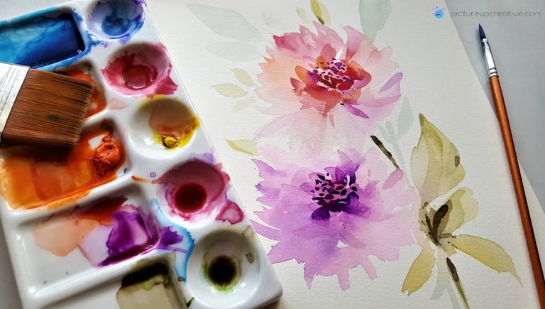 watercolour flower loose painting with mixing tray
