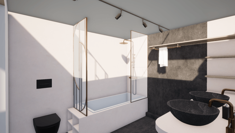 Partie d'une salle de bain avec une baignoire, un wc et des verrières dorées