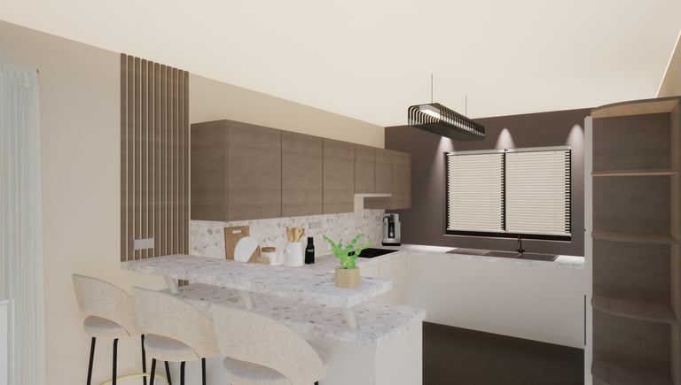 Photo après transformation, d'une cuisine dans les tons beige et taupe et plan de travail terrazzo