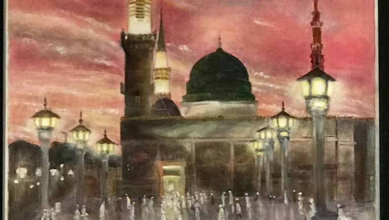 The prophet's Mosque at Madina at vibrant sunset