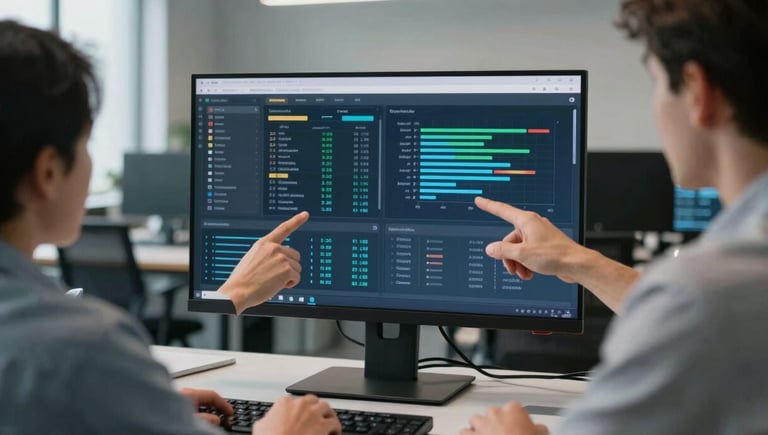 Wide shot of an open-plan enterprise workspace, two engineers pointing at a large monitor displaying a multi-panel operational dashboard with compliance status indicators and pipeline charts, cool office lighting, natural light from window left, no faces fully visible, focus on the screen and gesturing hands
